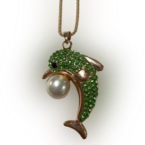(NWT) Betsey Johnson Green Crystal & Pearl Dolphin Pendant on Long Necklace